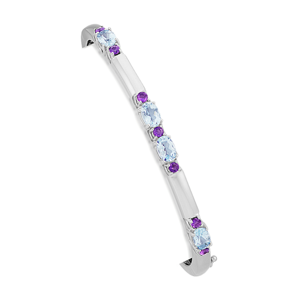 Oval Aquamarine and Round Amethyst Sterling Silver Bangle Bracelet (7 in)