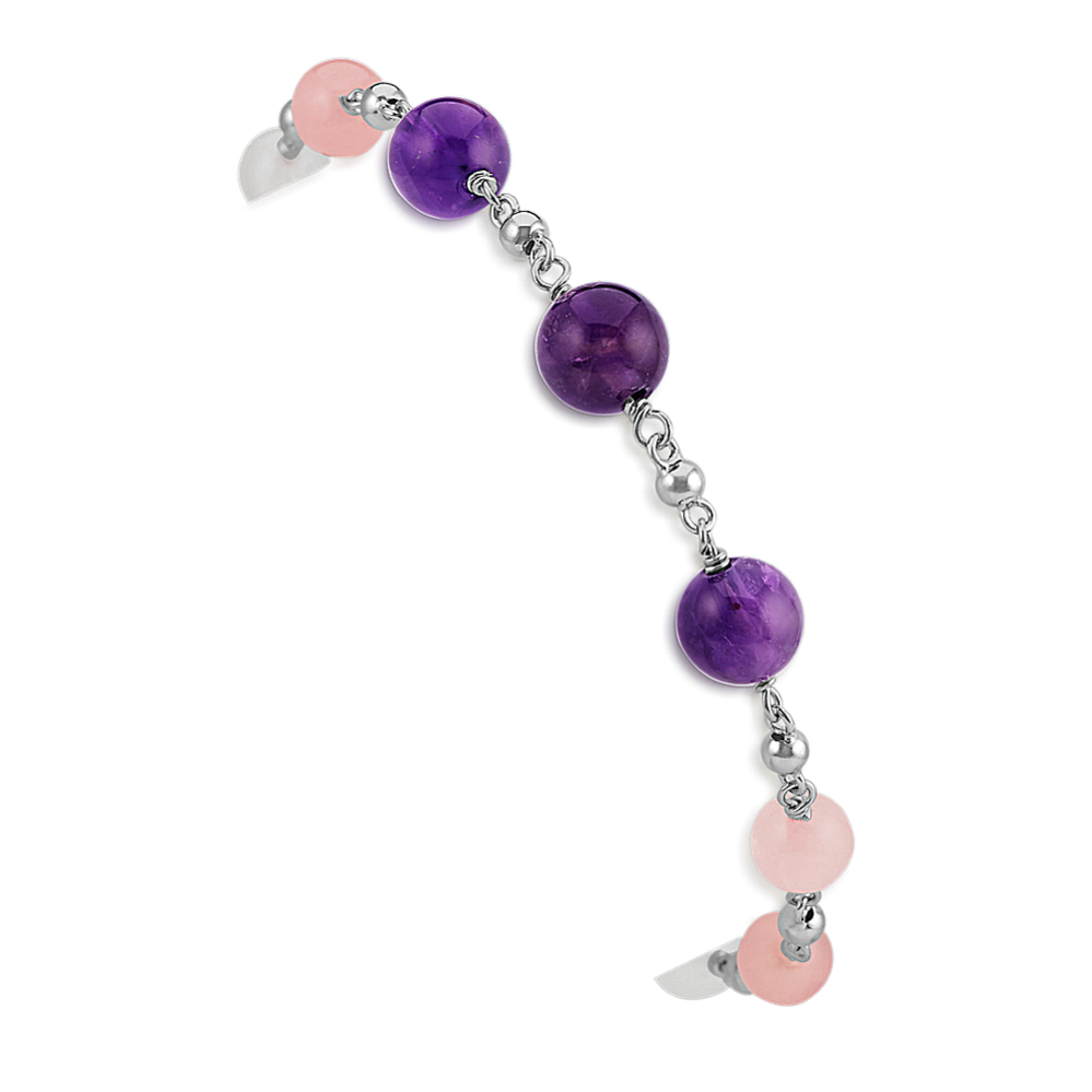 Pink Quartz, Amethyst and Milky Quartz Bracelet (8 in)