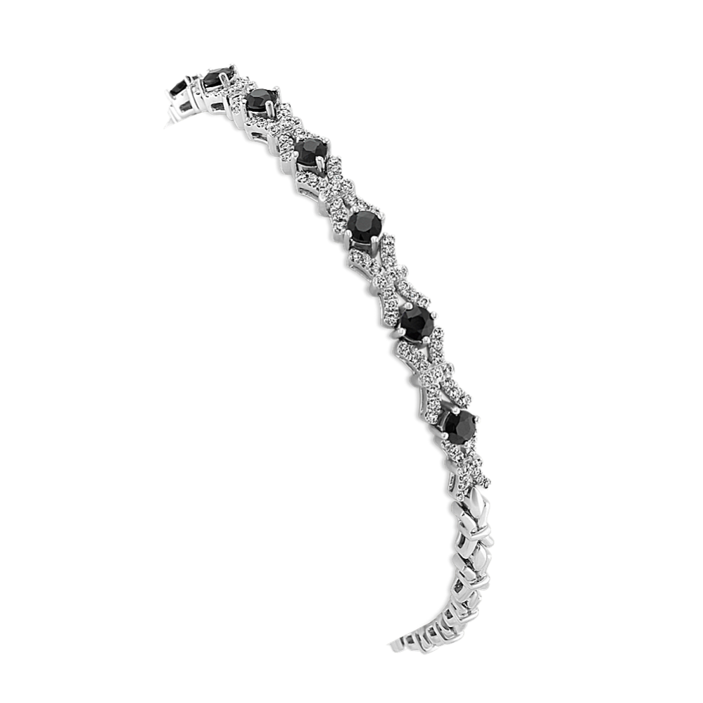 Round Black Sapphire and Diamond Bracelet in 14k White Gold (7'')