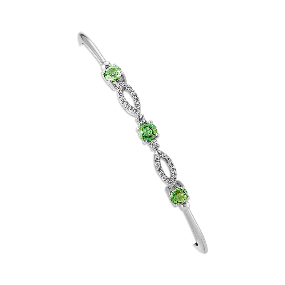 Round Green Sapphire and Diamond Bangle Bracelet (7 in)
