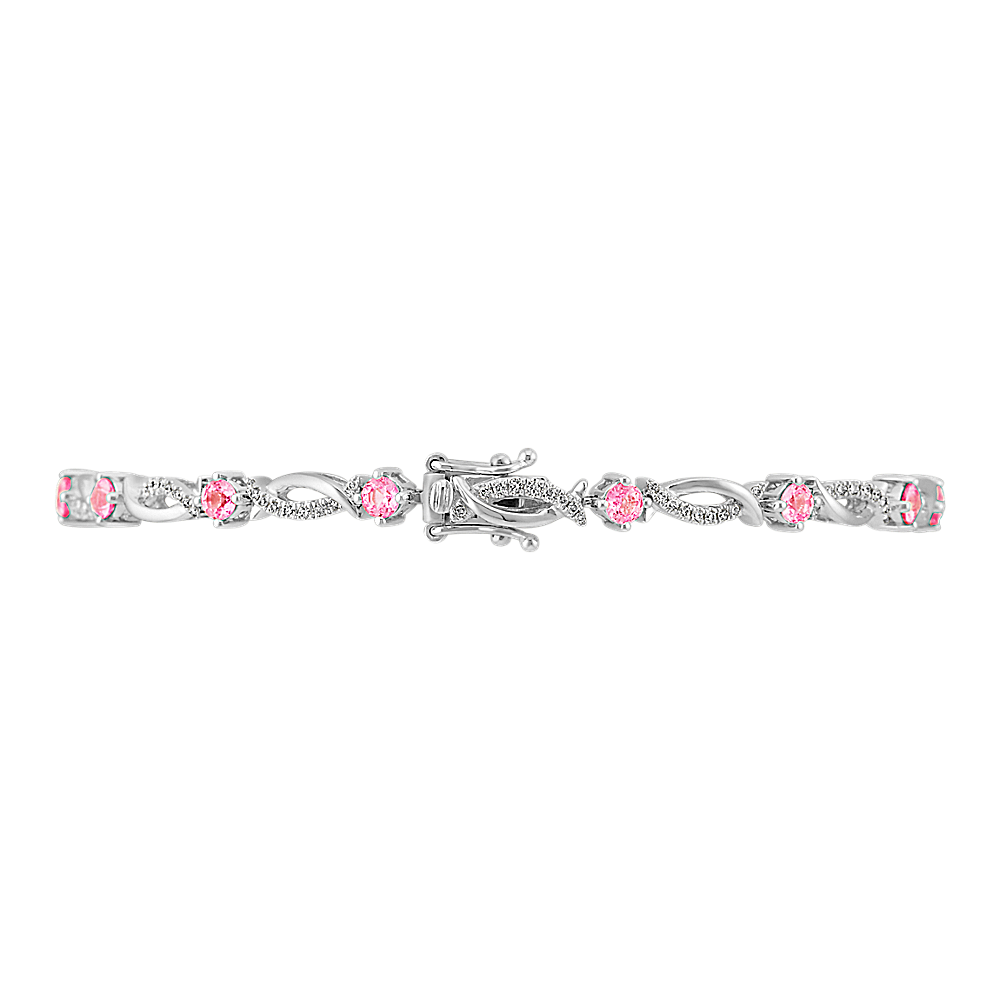 Round Pink Sapphire and Diamond Bracelet in 14k White Gold (7.25 in)