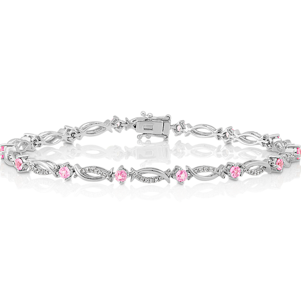 Round Pink Sapphire and Diamond Bracelet in 14k White Gold (7.25 in)