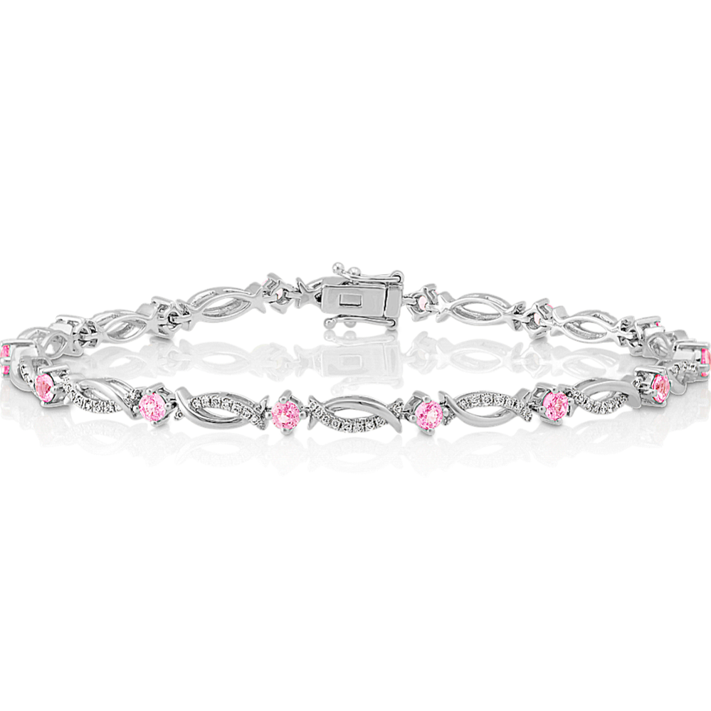 Round Pink Sapphire and Diamond Bracelet in 14k White Gold (7.25'')