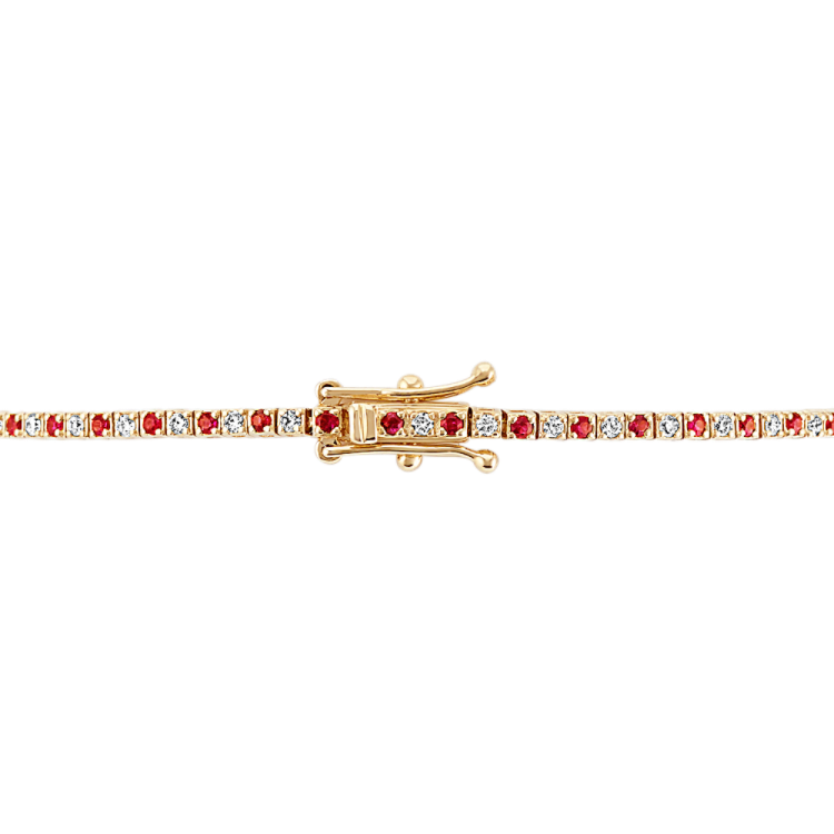 Round Natural Ruby and Natural Diamond Bracelet in 14k Yellow Gold (7 in)