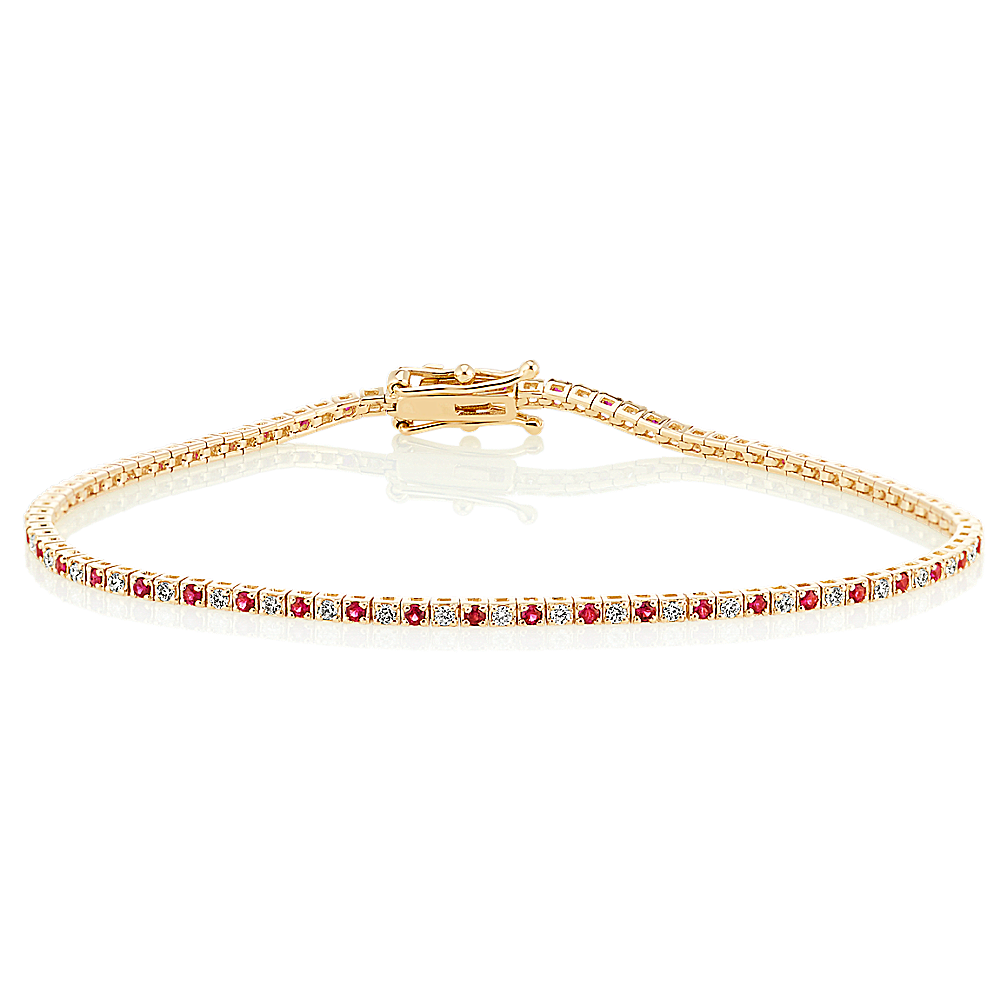 Round Natural Ruby and Natural Diamond Bracelet in 14k Yellow Gold (7 in)