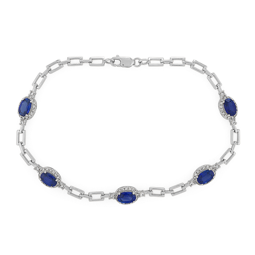 Traditional Blue Sapphire and Diamond Link Bracelet (7.5 in)