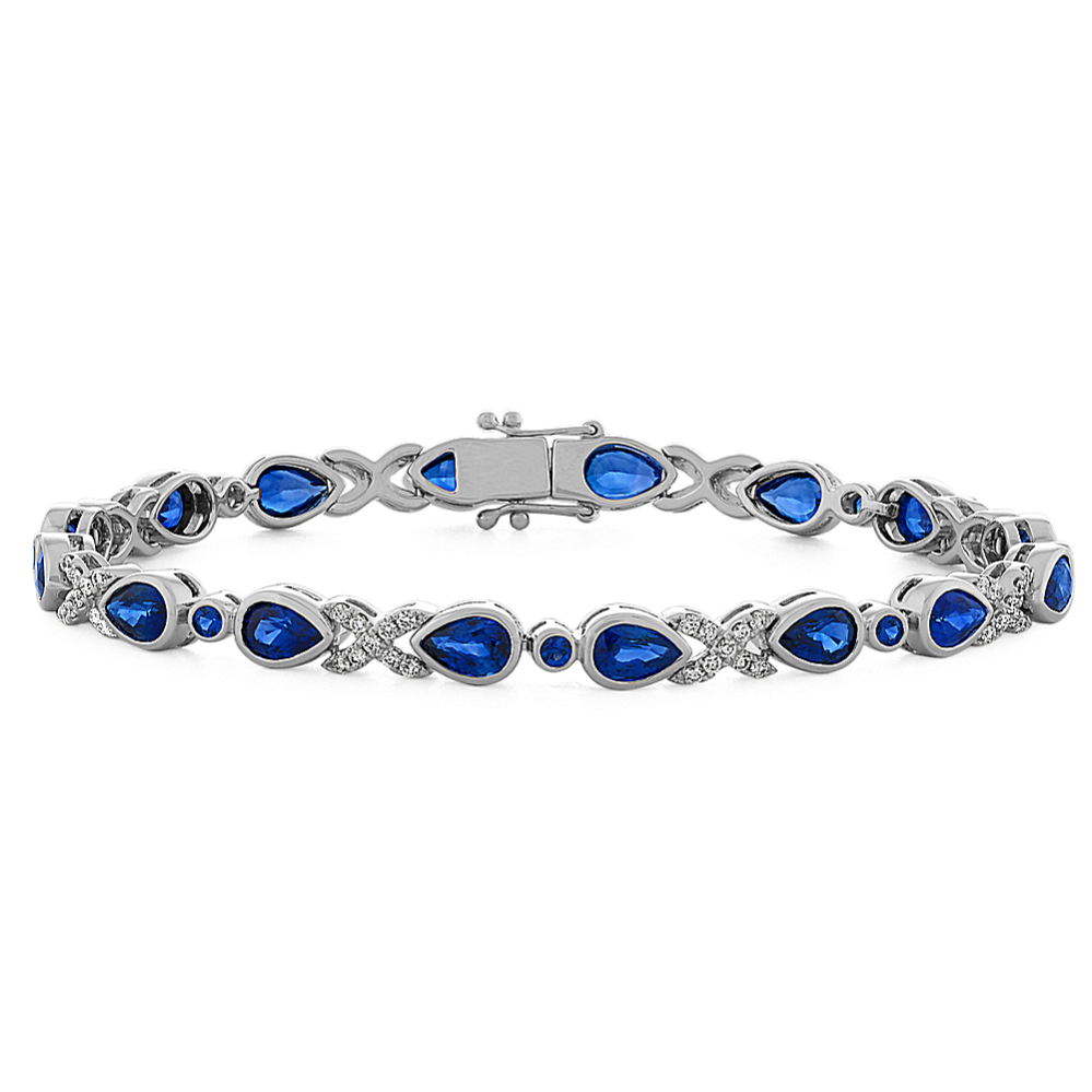 Traditional Sapphire and Diamond Bracelet in 14K White Gold (7'')