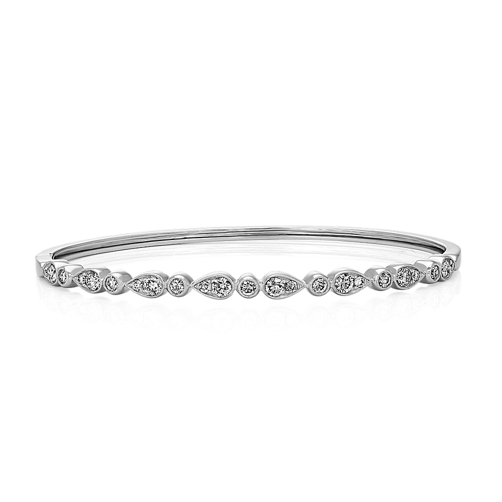Vintage Natural Diamond Bangle Bracelet in 14k White Gold (7 in)