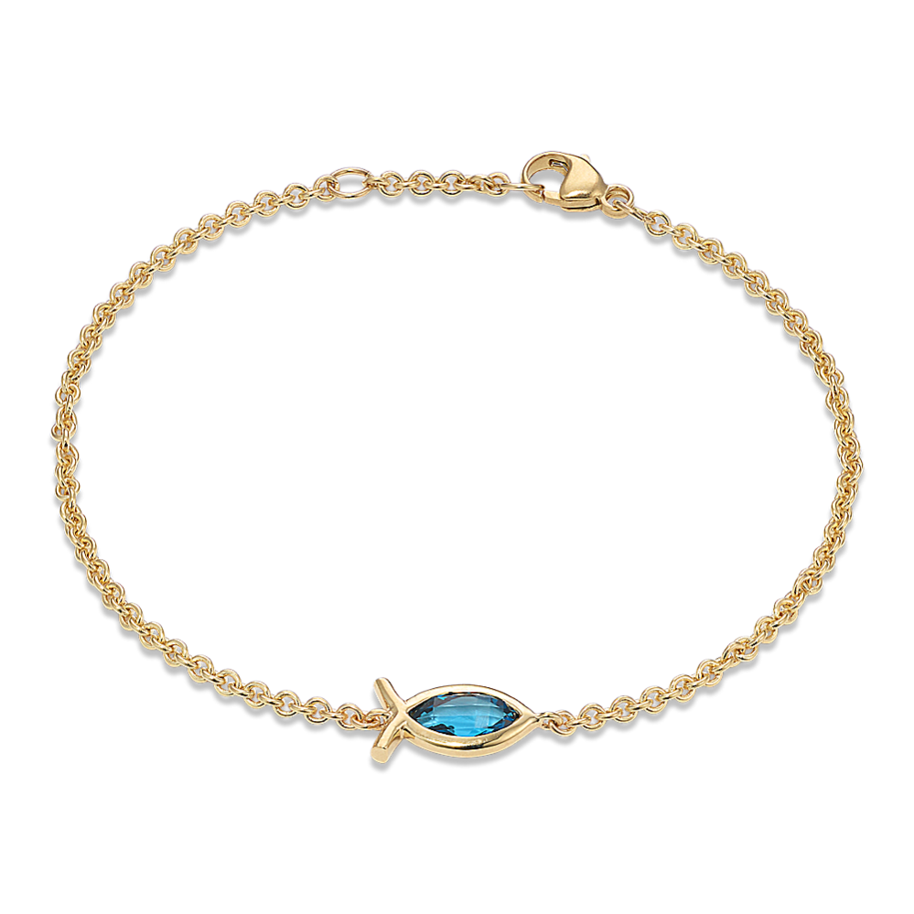Cross-Faceted Blue Topaz Ichthus Bezel Bracelet
