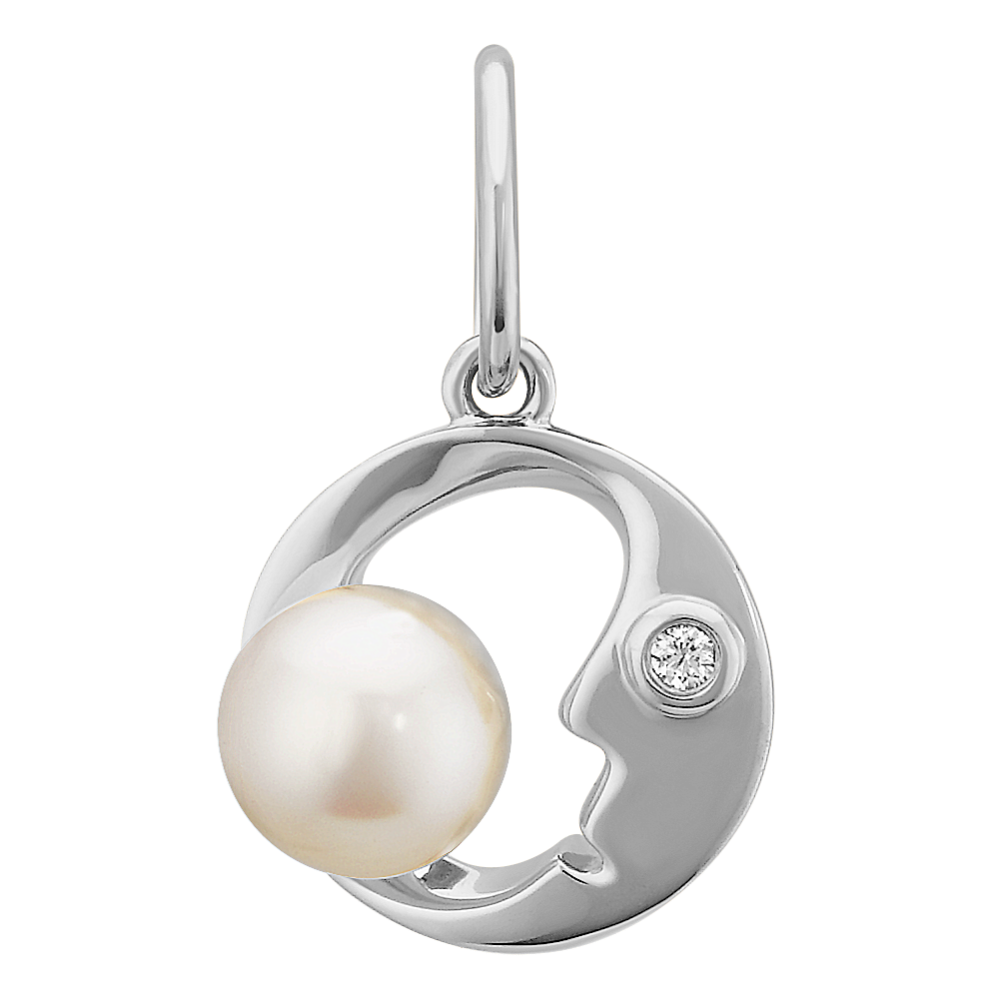 14k White Gold Crescent Moon, Pearl, and Diamond Charm