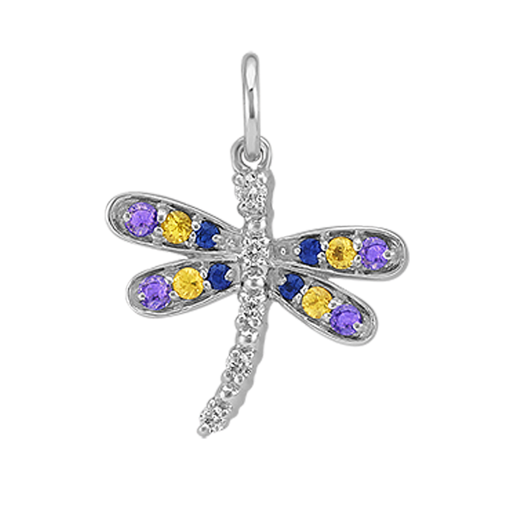 Round Multi-Colored Sapphire and Diamond Dragonfly Charm