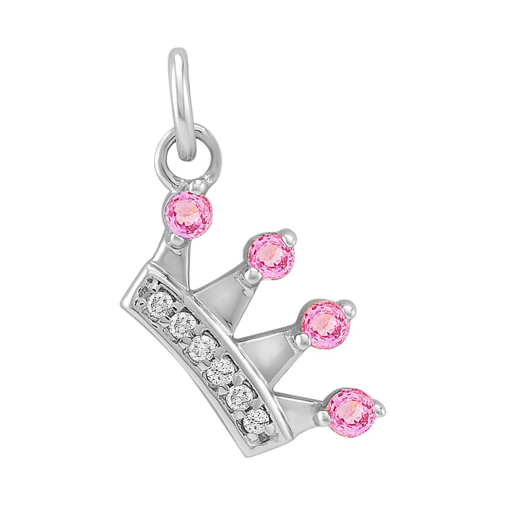 Round Pink Sapphire and Diamond Crown Charm in 14k White Gold