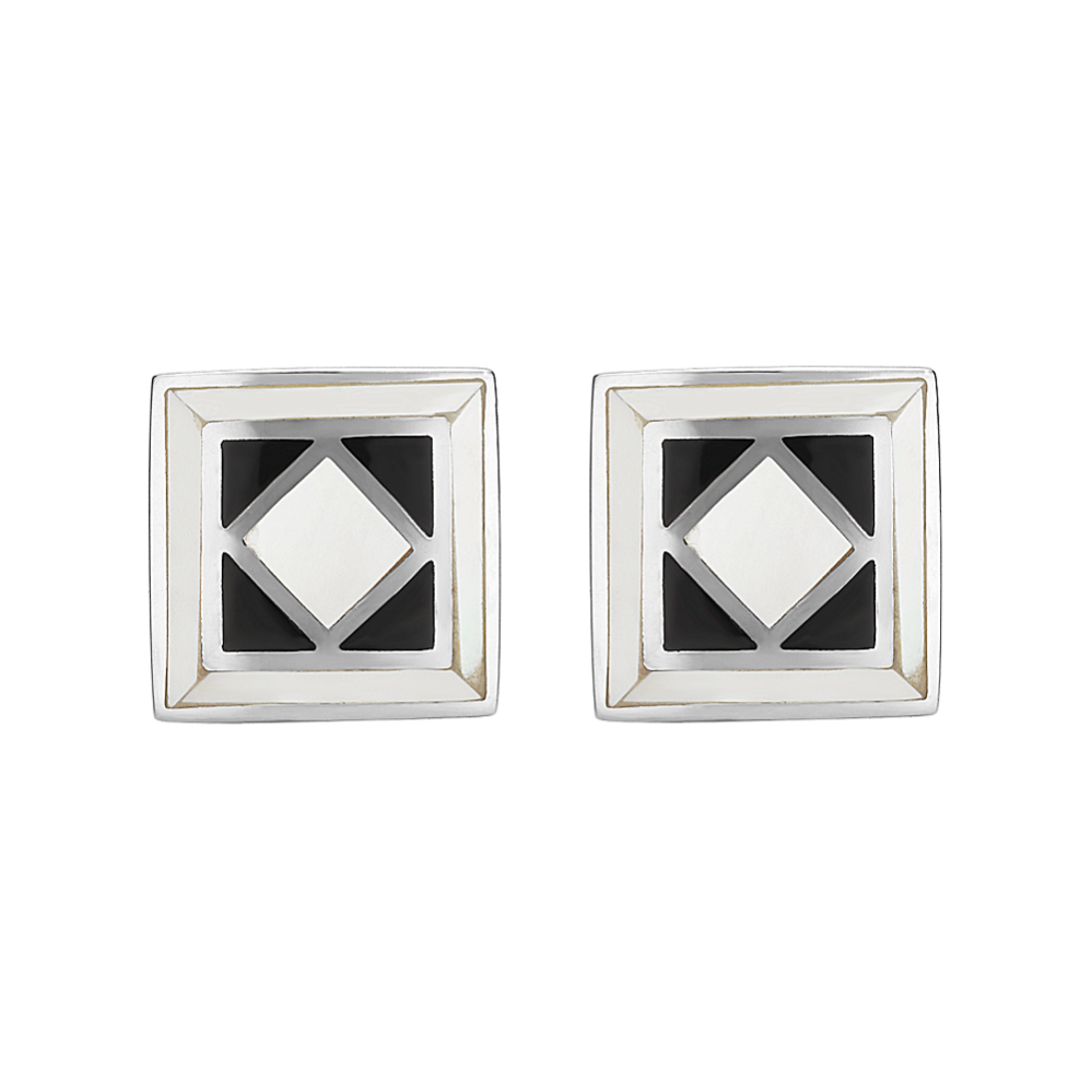 Black Agate and Mother of Pearl Square Cuff Links in Sterling Silver