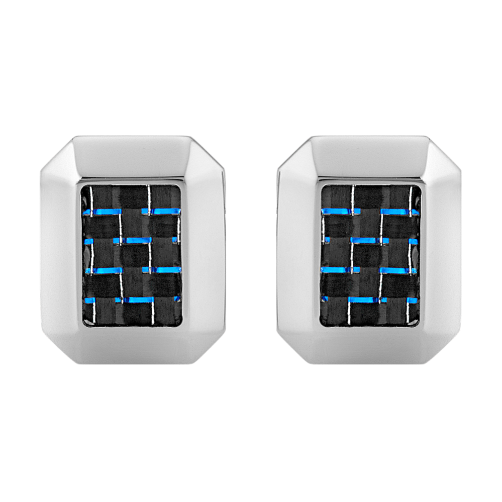 Stainless Steel Cuff Links with Blue Carbon Fiber Accent