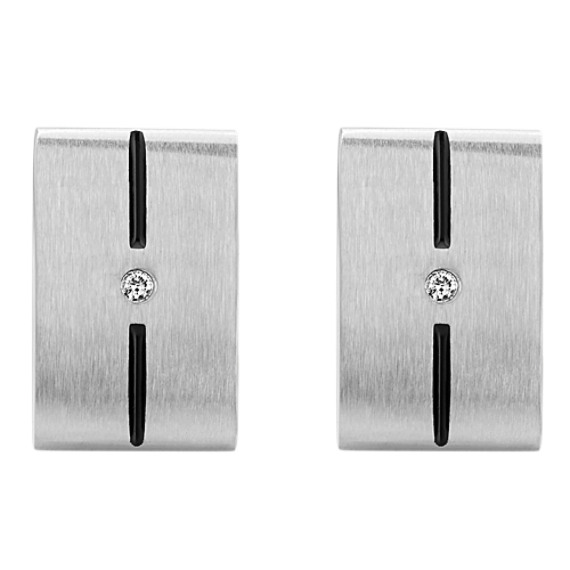 Stainless Steel and Round Diamond Cuff Links with Black Enamel Accent