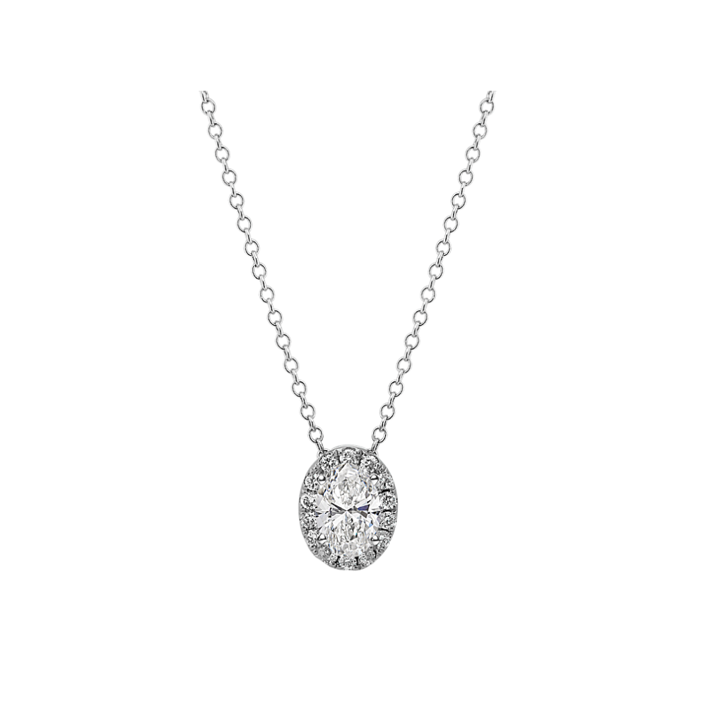Diamond Oval Halo Pendant in 14k White Gold (22'')