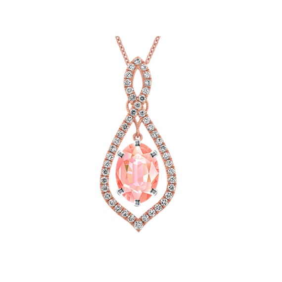 Diamond Accented Pendant for Pear Gemstone in 14K Rose Gold (24 in) with Oval Peach Sapphire