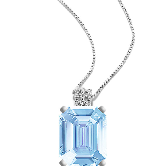 Pave-Set Diamond Pendant in 14k White Gold (18 in) with Emerald Cut Aquamarine