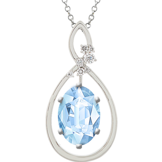 Diamond Pendant in 14K White Gold (18 in) with Oval Aquamarine