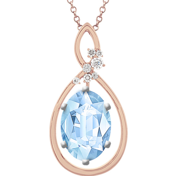 Diamond Pendant in 14K Rose Gold (18 in) with Oval Aquamarine