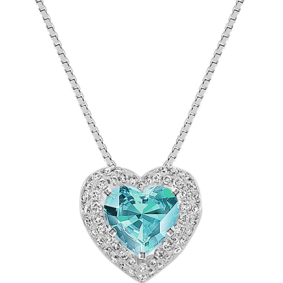 Diamond Heart Pendant in 14k White Gold (18 in) with Heart Blue-Green Sapphire
