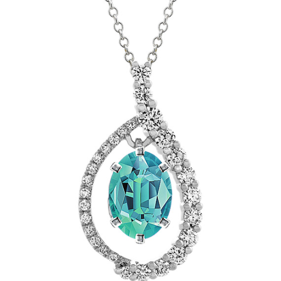 Diamond Halo Pendant for Oval Gemstones (24 in) with Oval Blue-Green Sapphire