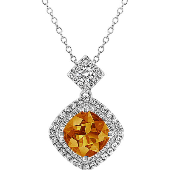 Diamond Halo Pendant in 14k White Gold (22 in) with Square Cushion Cut Cognac Sapphire