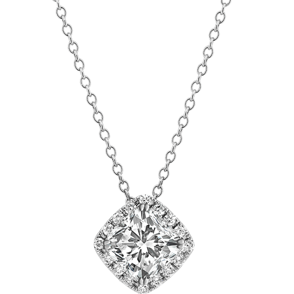 14k White Gold 6mm Cushion Gemstone and Diamond Halo Pendants 14k White Gold 6mm Cushion Gemstone and Diamond Halo Pendants