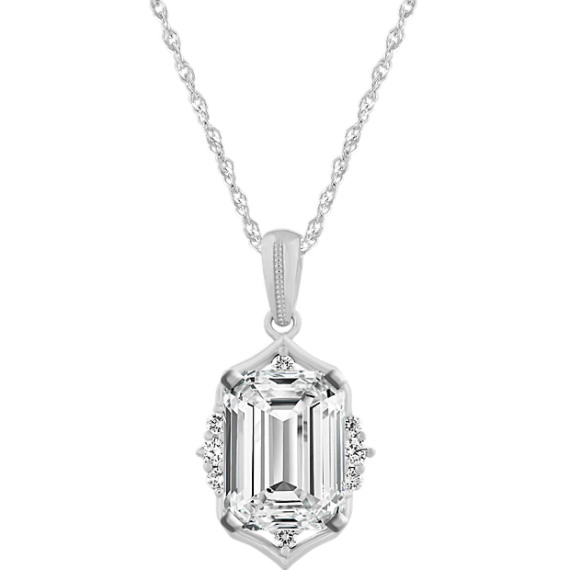 Diamond Pendant in 14K White Gold (22 in) with Emerald Cut Diamond