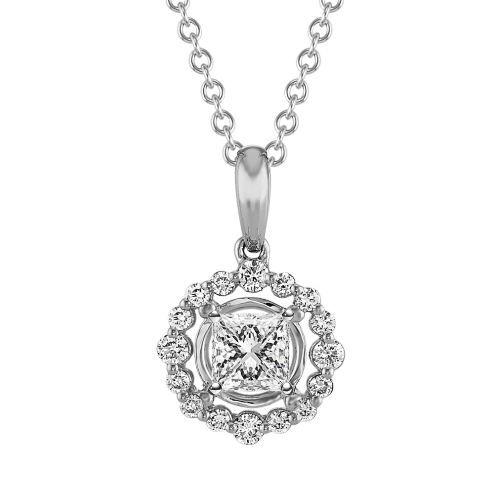 Diamond Halo Pendant in 14k White Gold (18'')