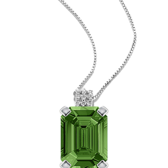 Pave-Set Diamond Pendant in 14k White Gold (18 in) with Emerald Cut Green Sapphire