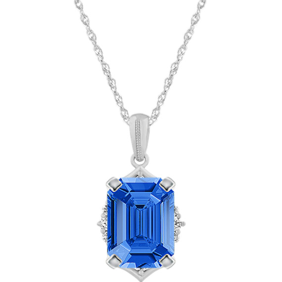 Diamond Pendant in 14K White Gold (22 in) with Emerald Cut Kentucky Blue Sapphire