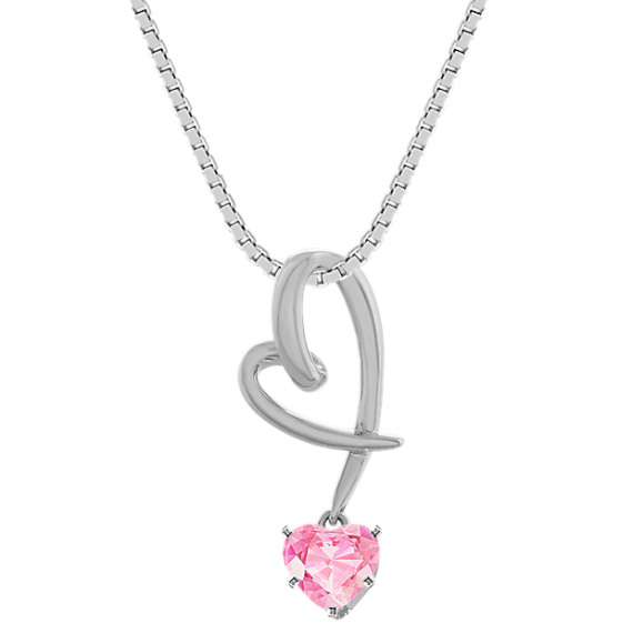 Dangle Heart Pendant in 14k White Gold (18 in) with Heart Pink Sapphire