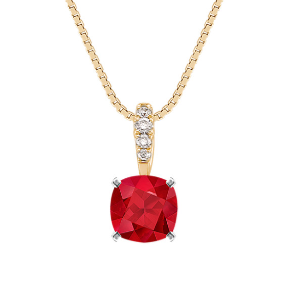 Round Diamond Pendant in 14k Yellow Gold (18 in) with Square Cushion Cut Ruby