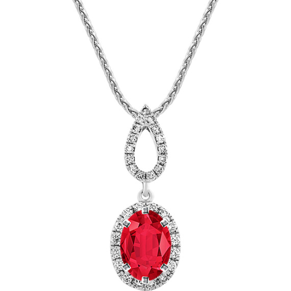 Dangle Diamond Pendant in 14K White Gold (22 in) with Oval Ruby