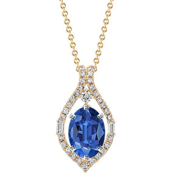 Diamond Pendant in 14k Yellow Gold (24 in) with Oval Traditional Blue Sapphire