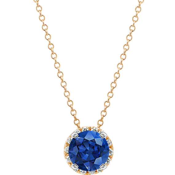 Diamond Halo Pendant in 14k Yellow Gold (22 in) with Round Traditional Blue Sapphire