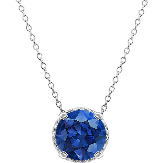 Diamond Halo Pendant in 14k White Gold (22 in) with Round Traditional Blue Sapphire