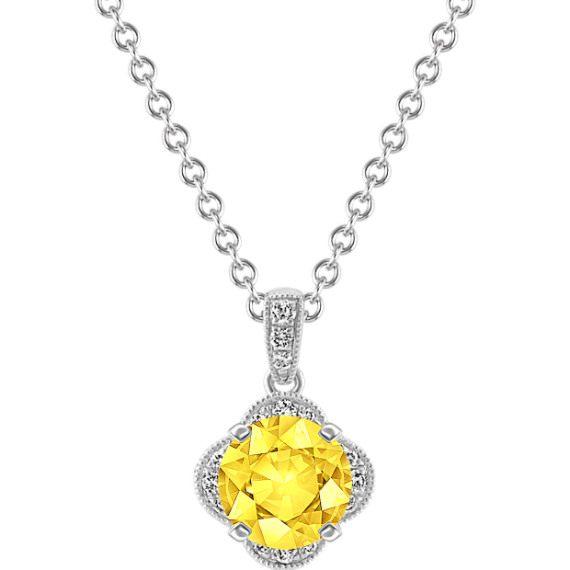 Vintage Diamond Pendant in 14k White Gold (22 in) with Round Yellow Sapphire