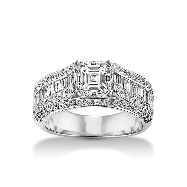 Baguette and Round Natural Diamond Platinum Engagement Ring with Channel-Setting