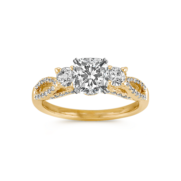 Poesie Three-Stone Natural Diamond Engagement Ring in 14k Yellow Gold