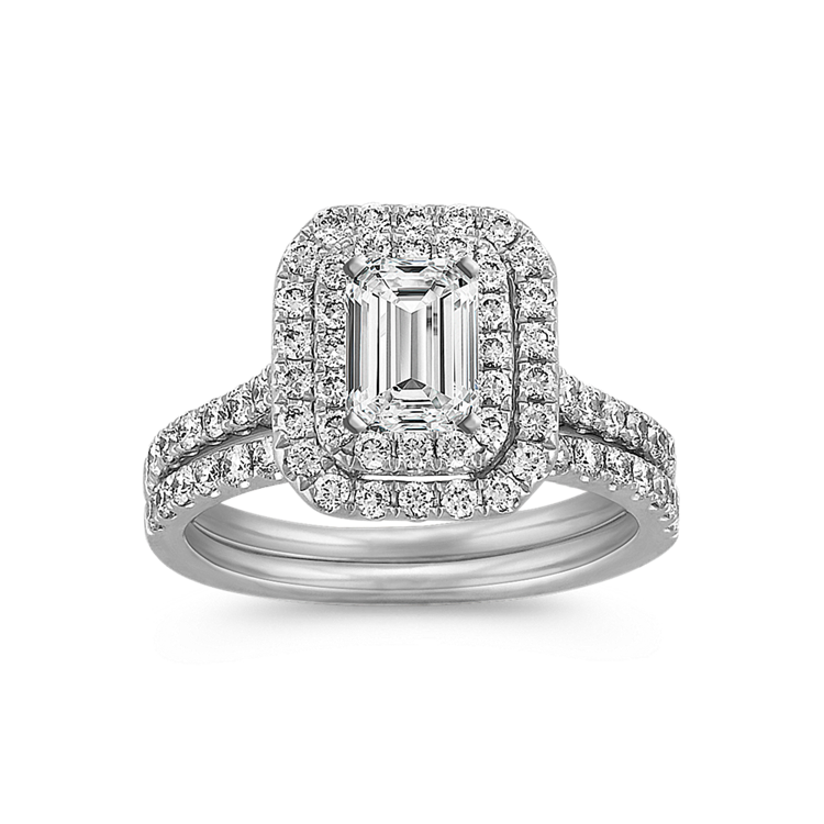 Emerald Cut Double Halo Wedding Set with Round Natural Diamond Accents