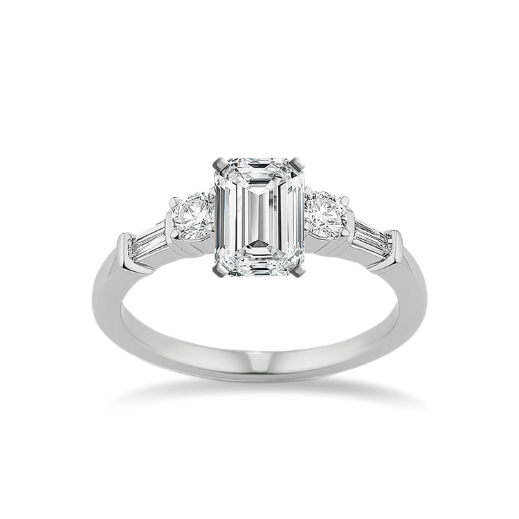 Celeste Three-Stone Baguette and Round Diamond Engagement Ring