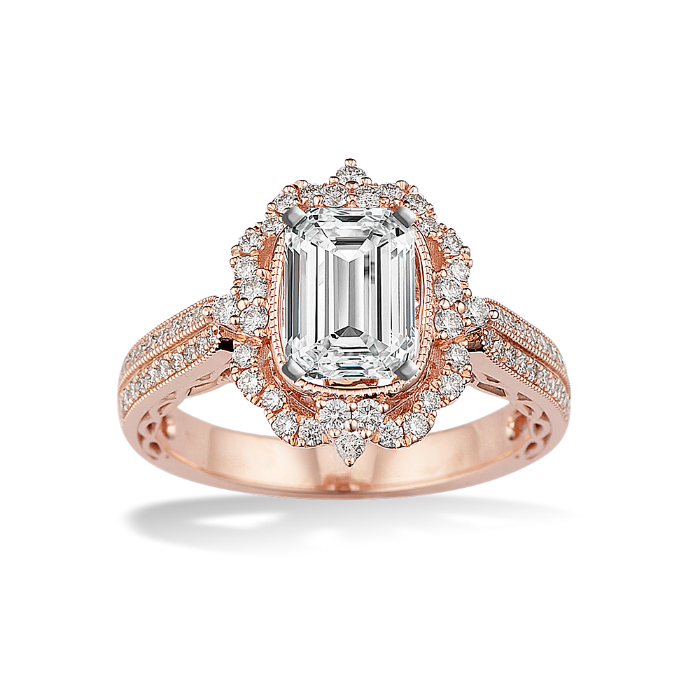 Art Nouveau Diamond Halo Engagement Ring in 14k Rose Gold