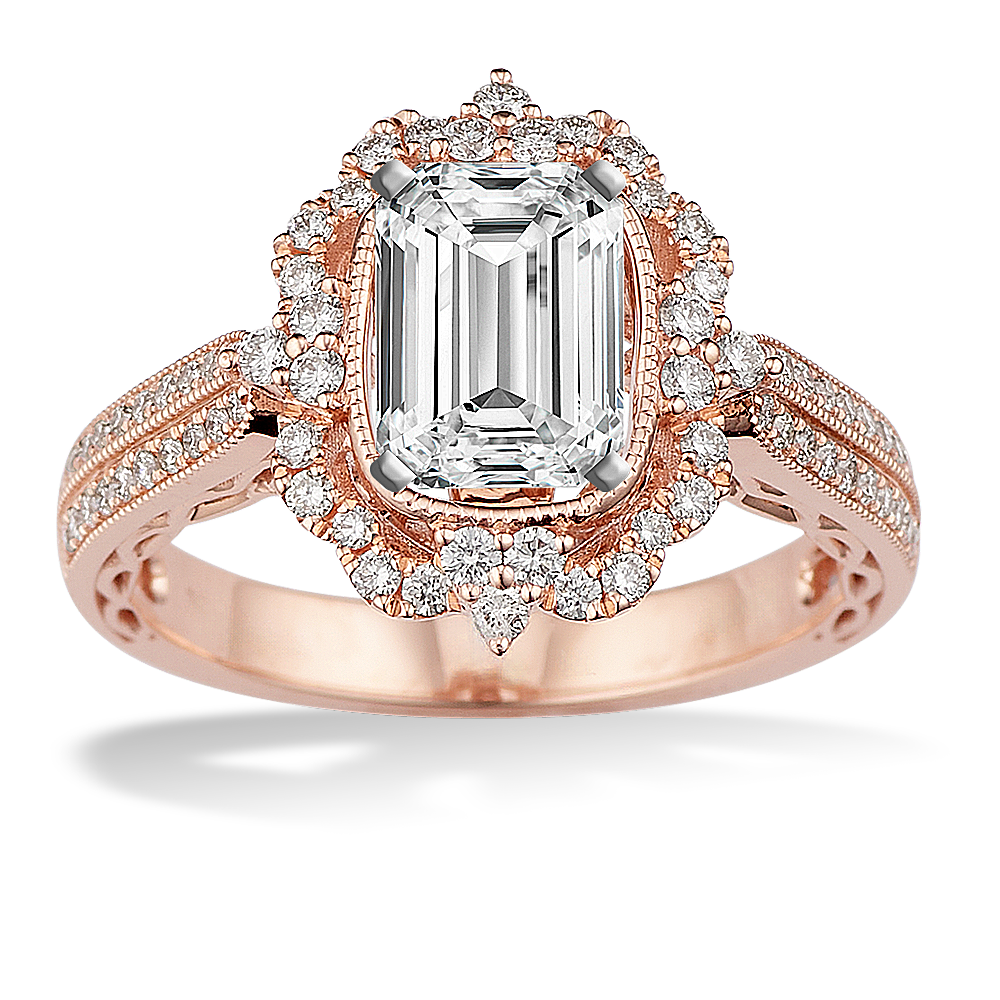 Art Nouveau Diamond Halo Engagement Ring in 14k Rose Gold