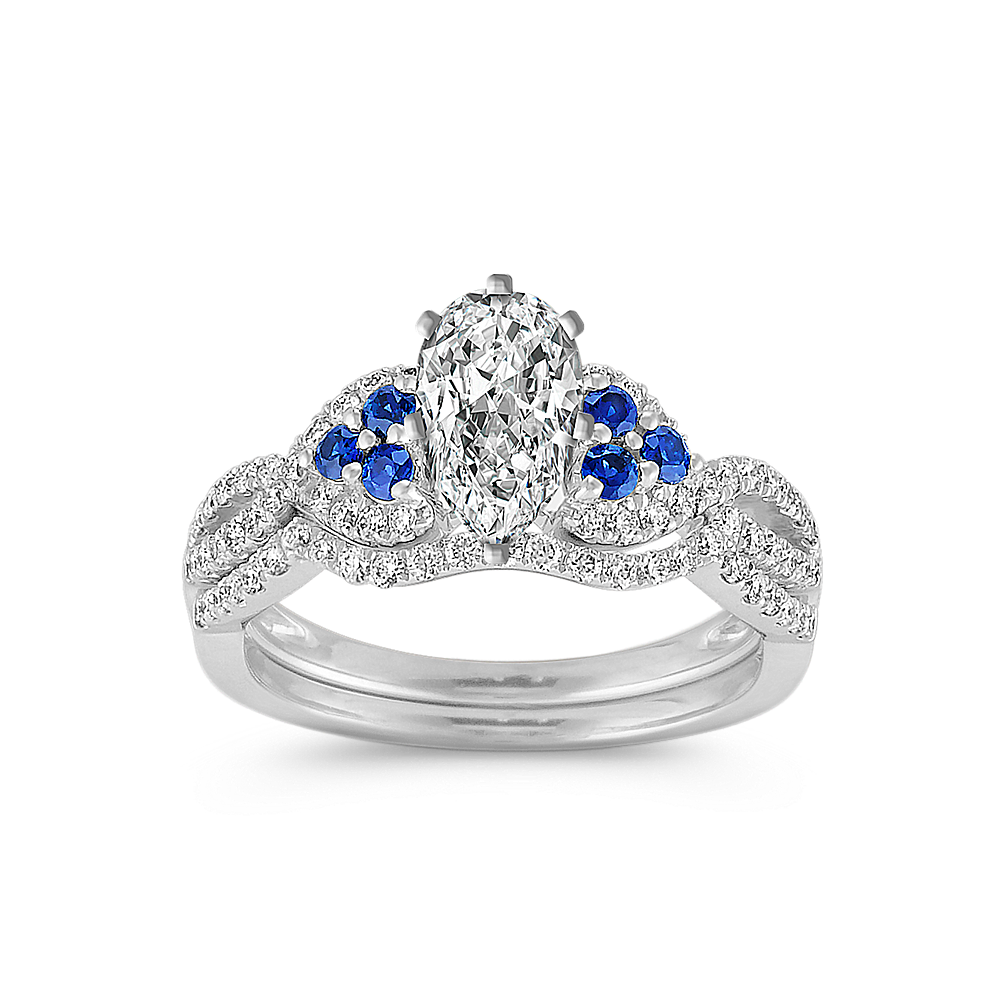 Round Sapphire and Diamond Wedding Set with Pave Setting