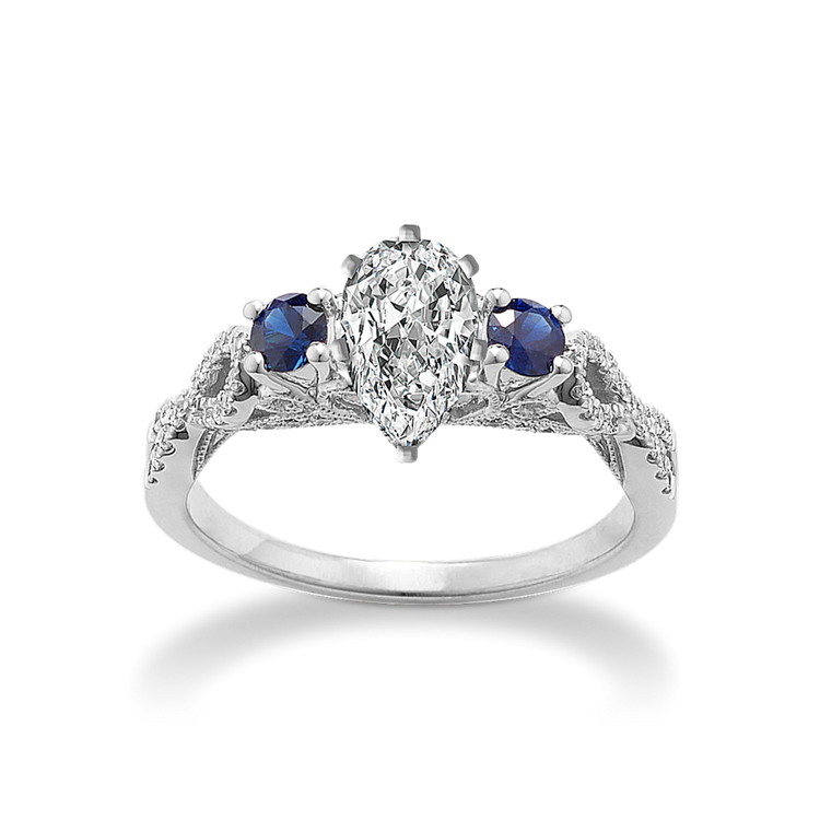Waltz Round Traditional Natural Sapphire and Round Natural Diamond Cathedral Engagement Ring