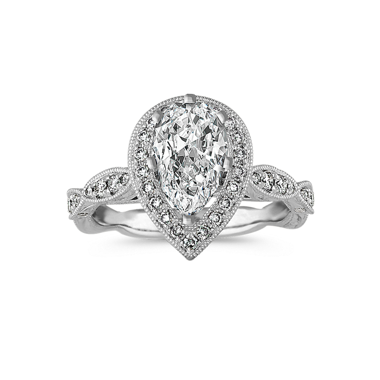 Vintage Pear-Shaped Halo Natural Diamond Engagement Ring in 14k White Gold