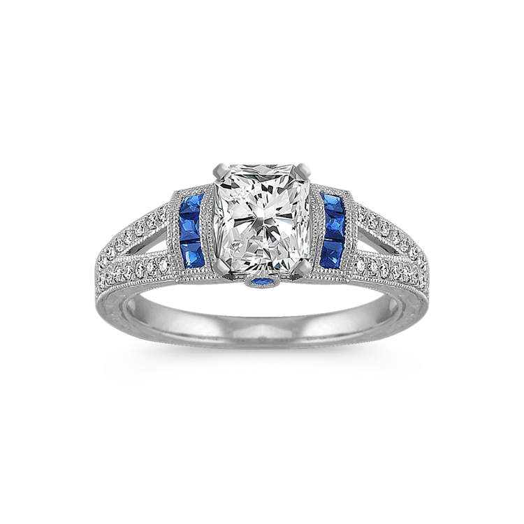 Vintage Princess Cut, Round Natural Sapphire and Round Natural Diamond Engagement Ring