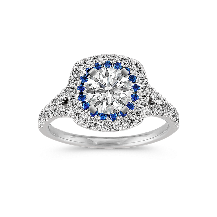 Natural Diamond and Natural Sapphire Engagement Ring with Pave Setting